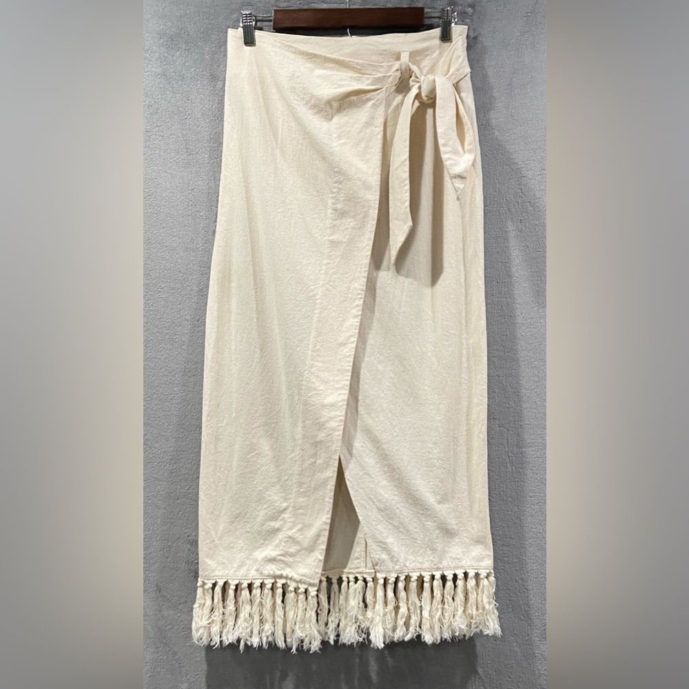 Nanushka Randi High Waisted Fringe Trim Wrap Midi Skirt Cream Women's Size M NWT